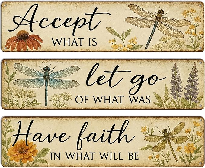 3 Pcs Retro Dragonfly Metal Tin Sign, Vintage Inspirational Quote Wall Art for Outdoor Garden, Bathroom, Home Decor, Unique Gift for Women