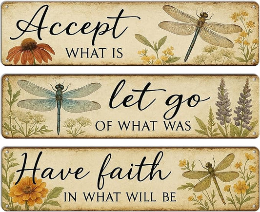 3 Pcs Retro Dragonfly Metal Tin Sign, Vintage Inspirational Quote Wall Art for Outdoor Garden, Bathroom, Home Decor, Unique Gift for Women