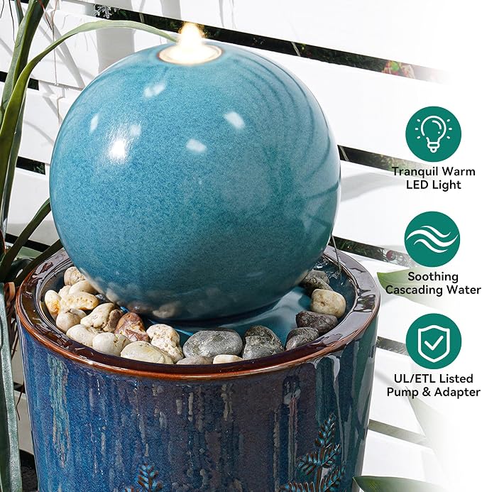 Autodaya 30" Ceramic Sphere Water Fountain with LED Lights, Teal Blue Glaze | Modern Nature-Inspired Design with Leaf Patterns & Pebbles, Soothing Trickling Water Feature for Patio, Yard, Garden, Porch