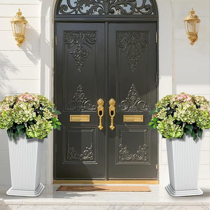 FENCY Set of 2 Tall Planters for Outdoor Plants, White Ribbed | 24 Inch, with Drainage Hole & Trays, Plastic Tapered Pots, Weather-Resistant, Front Door Decor