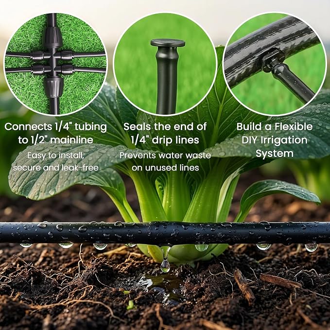 MIXC 1/4" Irrigation Dripline Tubing (200 Ft Roll), Saving 80% Water, 6" Emitter Spacing, 0.5 GPH Emitters Built-In Drip Irrigation Line with 1/4" Fittings Included, Black