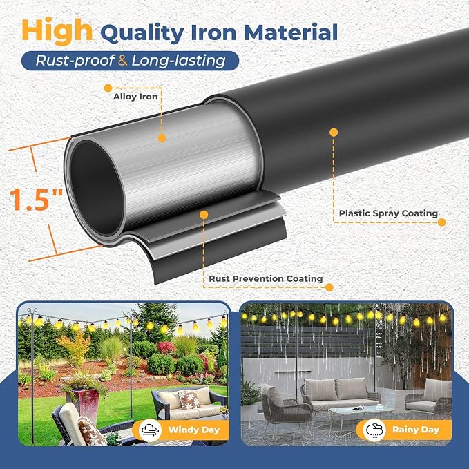 Heavy Duty String Light Poles 8 FT (2 Pack) - Outdoor Patio Deck Light Poles for Outside with Anchor Base and Mounting Bracket, Waterproof Garden Backyard Pole for Wedding Party Garden