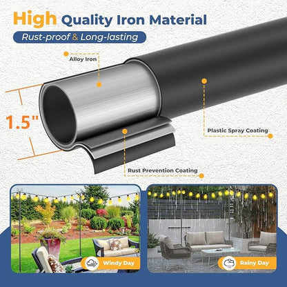 Heavy Duty String Light Poles 8 FT (2 Pack) - Outdoor Patio Deck Light Poles for Outside with Anchor Base and Mounting Bracket, Waterproof Garden Backyard Pole for Wedding Party Garden