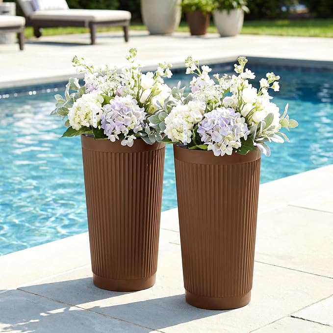 TUYOHW Set of 2 Large Round Tall Planter for Indoor or Outdoor 24" Flower Pots for Porch, Patio, Backyard, Large Planters for Outdoor Indoor Plants
