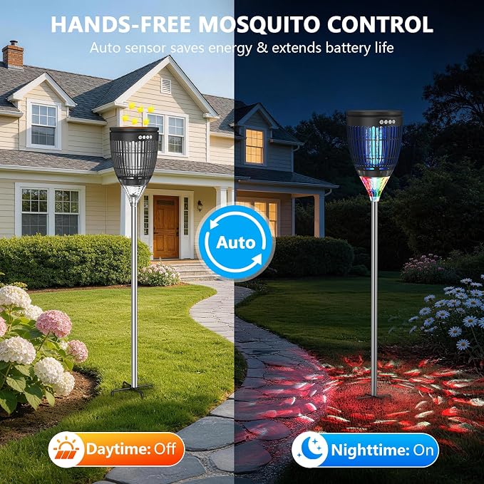 Solar Bug Zapper Outdoor, Jinyeda 4200V Mosquito Zapper with RGB Projector & Flame Lights, Cordless Mosquito Killer, USB Rechargeable Fly Insect Trap Waterproof Lighting Decor for Patio, Garden, Yard