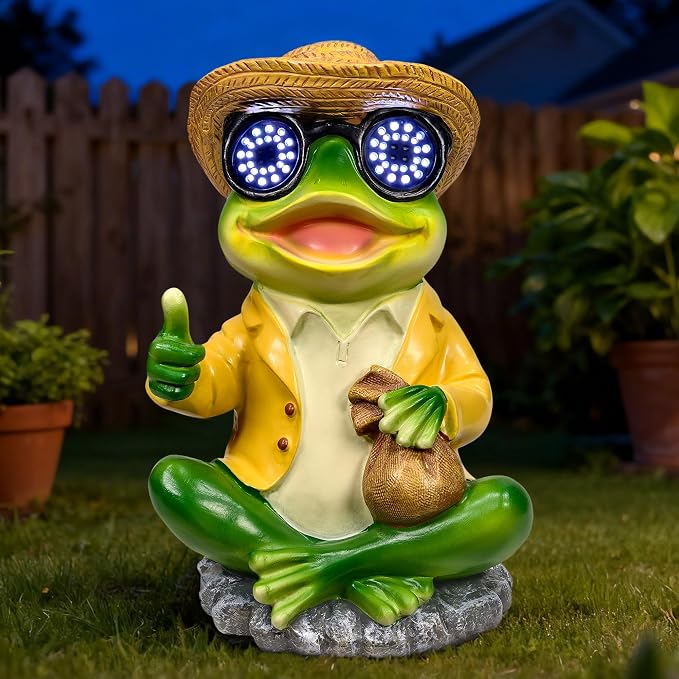 Solar Frog Garden Statue Decor - Waterproof Frog Figurine with Solar LED Blink Eyes,Funny Outdoor Garden Statues for Yard Patio Lawn Ornament,Unique Housewarming, Birthday, Thanksgiving, Mom Gifts