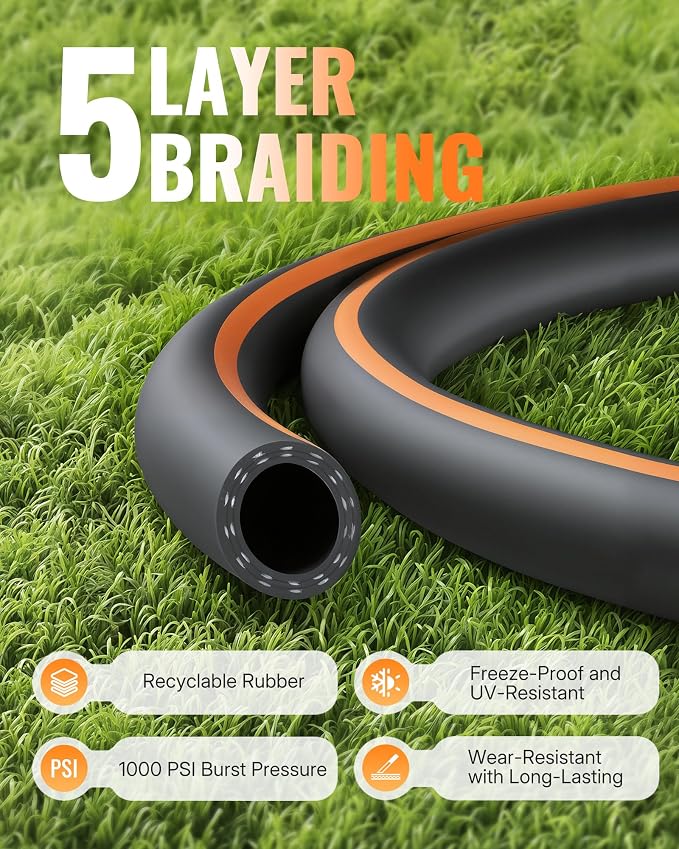 30FT x 5/8" Rubber Garden Hose, Heavy Duty Garden Water Hose, 300 PSI Working, 1000 PSI Burst, Swivel Handle with Stainless Steel Ring, 5-Layer Braided, All-Weather Outdoor Use, BG30GH06