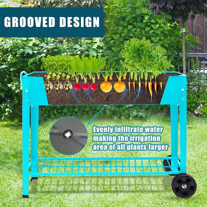 Raised Planter Box Beds with Wheels Legs, Elevated Garden Bed for Indoor Outdoor, Large Metal Mobile Planter Box with Bottom Shelf for Storing Tools for Vegetables Flower Herb Patio(Blue)