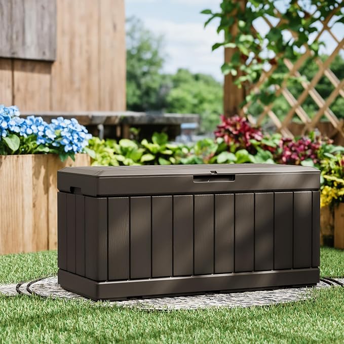 Greesum 82 Gallon Resin Deck Box All Weather Large Outdoor Storage for Patio Furniture, Toys, Garden Tools, Lockable, Brown