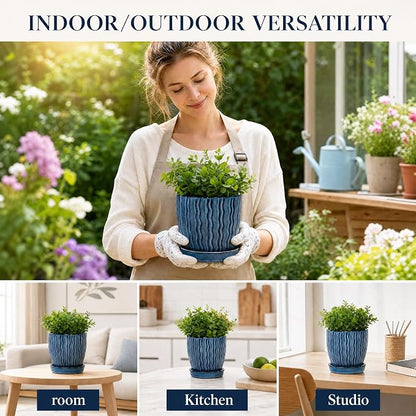 Ceramic Plant Pots, 4.5+5.5 Inch Small Plant Pots, Flower Pots Indoor Planters with Drainage and Tray, Modern Indoor Plant Pots for Home and Office, Indoor Planters with Drainage