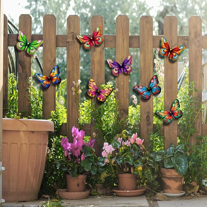Metal Butterfly Wall Decor, 8 Pack Butterflies Wall Art Hanging Sculptures Decorations for Indoor Outdoor Decor Fence Garden Yard Patio Exterior Decor