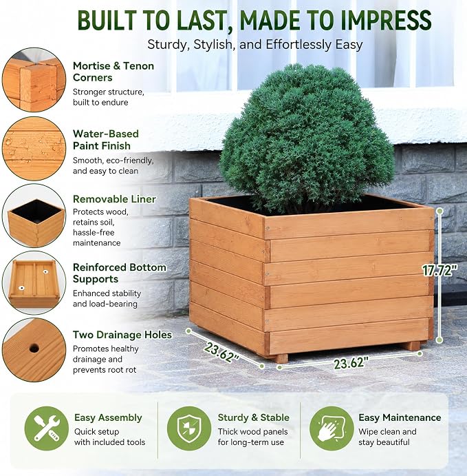 23.62" Square Wooden Planter Box, Planters for Outdoor Plants | Fir Wood Outdoor Garden Bed with 2 Drainage Holes Reinforced Bottom Support