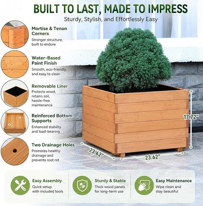23.62" Square Wooden Planter Box, Planters for Outdoor Plants | Fir Wood Outdoor Garden Bed with 2 Drainage Holes Reinforced Bottom Support