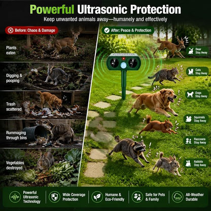 4 Pcs Upgraded Deer Repellent Devices,Solar Animal Repellent Ultrasonic Outdoor for Cats Squirrels Racoons Rabbits Foxs Dogs Skunks,IP65 Waterproof Motion Sensor Animal Repeller Deterrent for Garden