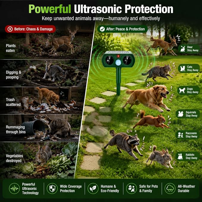 2 Pcs Upgraded Deer Repellent Devices,Solar Animal Repellent Ultrasonic Outdoor for Cats Squirrels Racoons Rabbits Foxs Dogs Skunks,IP65 Waterproof Motion Sensor Animal Repeller Deterrent for Garden