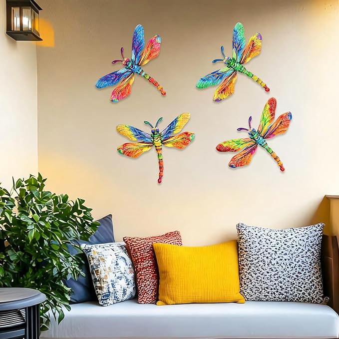 SUNREEK Metal Dragonfly Wall Decor - 9.6" Outdoor Fence Wall Art, Hanging Decorations for Garden Yard Patio Room Decorations, 4 Pack (Color- 4)