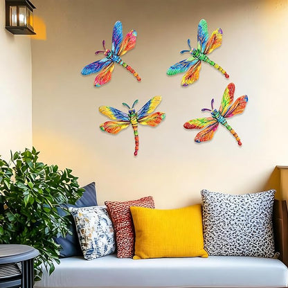 SUNREEK Metal Dragonfly Wall Decor - 9.6" Outdoor Fence Wall Art, Hanging Decorations for Garden Yard Patio Room Decorations, 4 Pack (Color- 4)