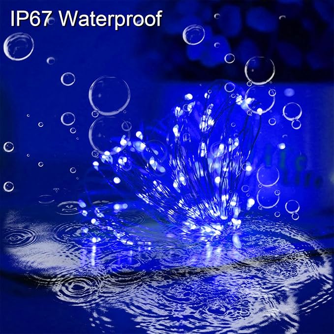 Blue Solar Christmas String Lights Outdoor Waterproof, 2Pack Total 200Led 66Ft 8 Modes Copper Fairy Lights for Halloween Garden, Patio, Fence, Balcony, Outdoors
