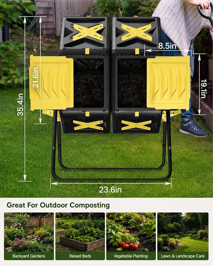Compost Bin Outdoor - 2 X 18.5 Gal Dual Chamber Compost Tumbler, Outdoor Rotating Composter with Easy-Turn, Fast-Working System