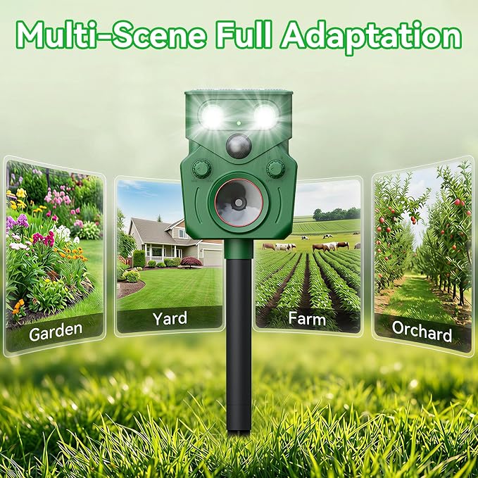 Solar Ultrasonic Animal Repellent Deer Repeller Repel Animals Outdoor Dog Repellent 2 Pack for Yard with Flashing Lights and 5 Working Modes for Garden Lawn Orchard
