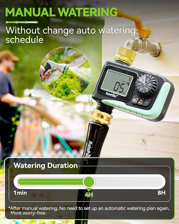 RAINPOINT Sprinkler Timer with Brass Swivel, Programmable Water Timer for Garden Hose with Rain Delay/Manual Watering, Digital Irrigation System Kit for Lawns, 1 Outlet