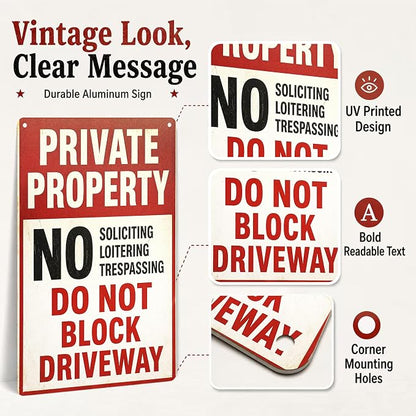 Private Property Tin Sign, 12 x 8 Inch No Soliciting Aluminum Metal Wall Decor, Vintage No Trespassing Notice for Porch, Gate, Fence, Entryway