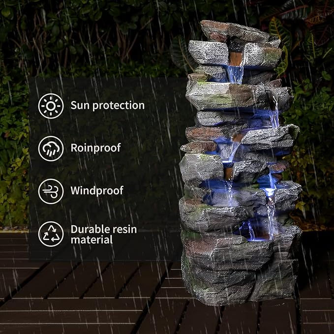 Rock Waterfall Outdoor Fountain with LED Lights, Tiered Resin Garden Water Fountain with Pump, Cascading Stone Look Water Feature for Patio Lawn Backyard Porch Decor