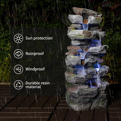 Rock Waterfall Outdoor Fountain with LED Lights, Tiered Resin Garden Water Fountain with Pump, Cascading Stone Look Water Feature for Patio Lawn Backyard Porch Decor