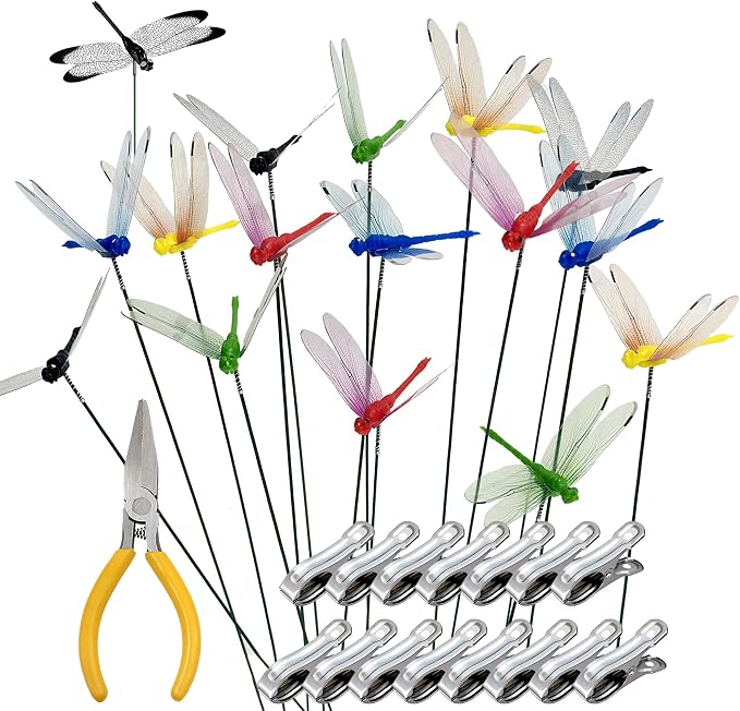 15 Pcs Dragonfly Garden Stakes with Clips, 3D Plastic Fake Dragonfly Garden Stakes with Pliersfor Yard, Patio Outdoor Decor & Indoor Plants Ornaments, Dragon Fly Hat Clip (5 Colors)