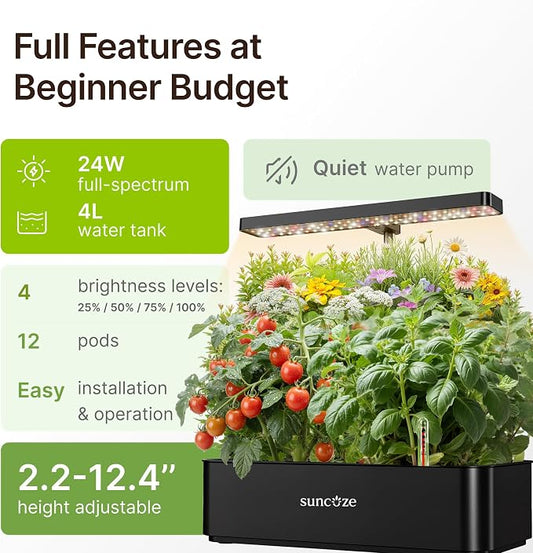 SUNCOZE Hydroponics Growing System Kit 12 Pods, 24W LED Grow Light Indoor Garden, 4L Water Tank with Quiet Pump, Adjustable Height Herb Garden Planter Indoor Kit, Gardening Gifts, Black
