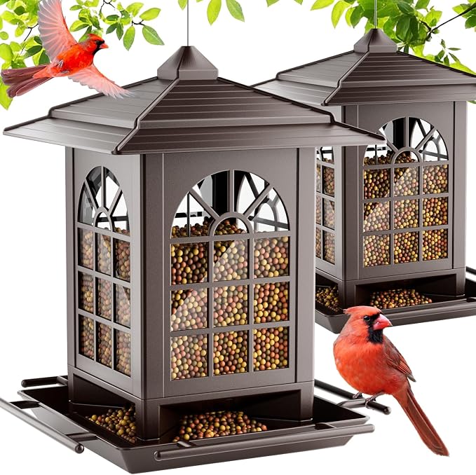 Birdream 2 Pack Bird Feeders for Outdoor Hanging, Assembly Required, 1-Min Easy Setup, Classic Courtyard Design, Attracting Cardinals Chickadees Goldfinches & Sparrows - Brown