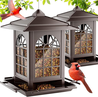 Birdream 2 Pack Bird Feeders for Outdoor Hanging, Assembly Required, 1-Min Easy Setup, Classic Courtyard Design, Attracting Cardinals Chickadees Goldfinches & Sparrows - Brown