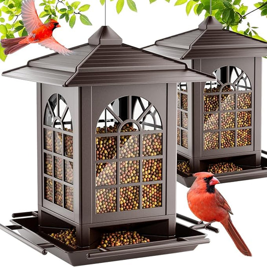Birdream 2 Pack Bird Feeders for Outdoor Hanging, Assembly Required, 1-Min Easy Setup, Classic Courtyard Design, Attracting Cardinals Chickadees Goldfinches & Sparrows - Brown