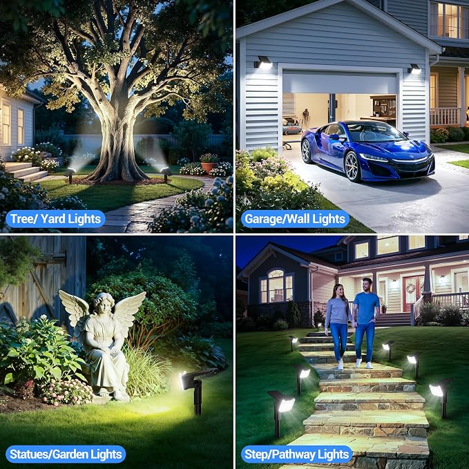Solar Spot Lights Outdoor Waterproof IP65, Super Bright LEDs with Lens, 2 Lighting Modes, 2 in 1 Auto On/Off Solar Powered Spotlights for Outside Landscape Holiday Decor, 4 Pack, Cool White