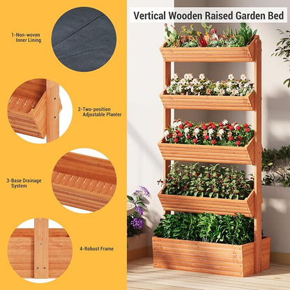 Vertical Wooden Raised Garden Bed Planters Wood Planter Kit Plant Stand Flower Rack Planter Box Gardening for Plants Herbs Flowers Vegetables Outdoor Indoor Freestanding (Orange 5-Tier)