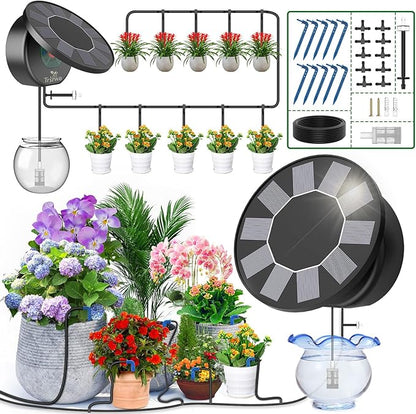 Solar Automatic Drip Irrigation System Kit, Auto Watering Kit for DIY Garden Watering System with 9 Timing Modes and Anti-Siphon Set，Indoor/Outdoor Garden, Balcony & Patio Irrigation System