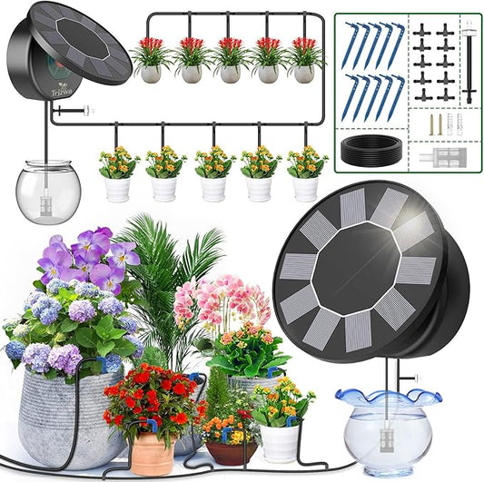 Solar Automatic Drip Irrigation System Kit, Auto Watering Kit for DIY Garden Watering System with 9 Timing Modes and Anti-Siphon Set，Indoor/Outdoor Garden, Balcony & Patio Irrigation System