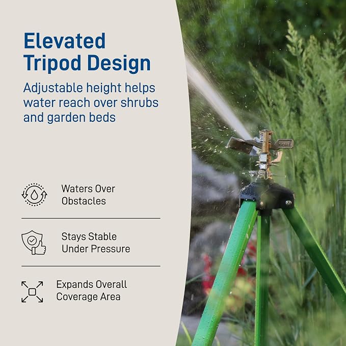 Orbit Tripod Lawn Zinc Impact Sprinkler - 360 Degree Rotating Yard Sprinkler with Adjustable Height - Heavy-Duty Zinc - High-Pressure Nozzle - for Large Lawn Coverage - 56667