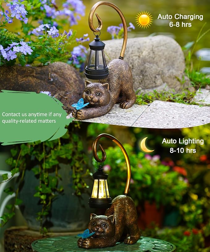 Solar Cat Garden Statue: Outdoor Sculptures with Lantern | Weatherproof Resin Decorations, Art Patio Balcony Yard Lawn Decor, Unique Birthday Gift for Women Mom Grandma