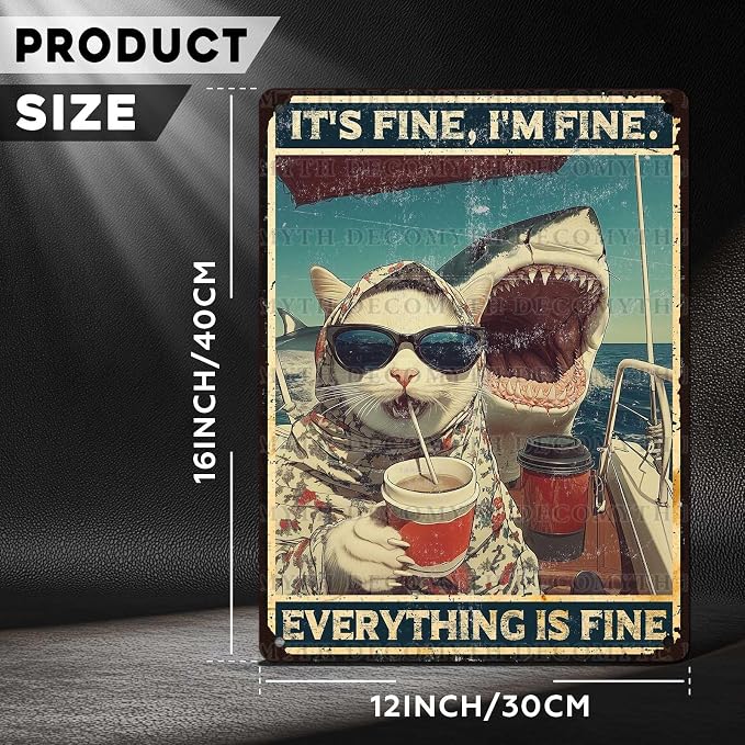 Vintage Cat Tin Sign It's Fine I'm Fine Everything Is Fine Retro Shark Wall Decor Nostalgic Art Funny Animals Metal Poster Indoor Store Cafe Bar Office Man Cave Pubs Man Cave Shop 16 * 12inch