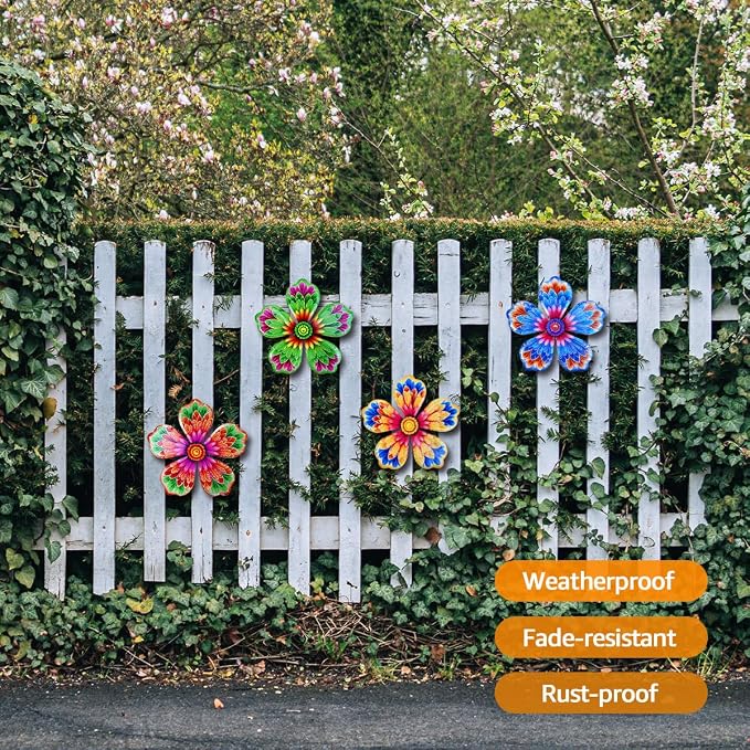 Giyyomtr Metal Flowers Wall Decor - 4pcs 6.2'' Metal Wall Art Hanging Decorations for Outdoor Fence Garden Yard Patio Exterior Home Wall Decor