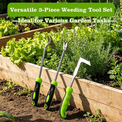 Weed Puller Tool Set, 3-Piece Stainless Steel Garden Weeder Tool Kit, Manual Crack Weeder Crevice Weeding Tool, Hand Weeder Tool for Dandelion, Uprooting Weeding Tools for Garden (Green (3 pcs))