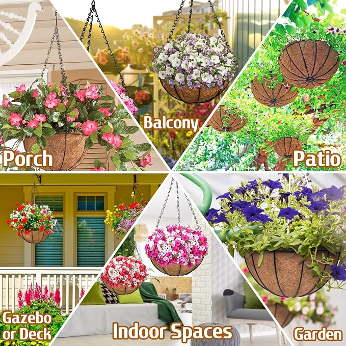 ZeeDix 3 Pack 10 Inch Metal Hanging Baskets, Round Wire Hanging Planters with Coconut Liners Replacement for Plants Flowers Outdoor Outside Deck Porch Garden Balcony Decoration