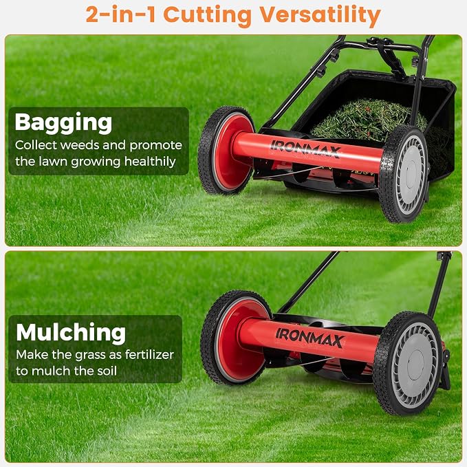 IRONMAX Lawn Mower, 16 Inch Push Reel Lawn Mower with 5 Steel Blades, Adjustable Cutting Heights, Grass Catcher Bag, Walk-Behind Manual Lawnmower for Garden Park Yard, No Motor (Red, 16 Inch)