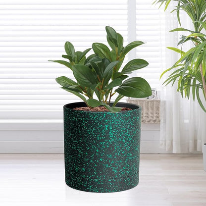 Meowell 6/5/4 inch Plant Pots, 3 Pack Cylinder Flower Pots for Small Indoor Outdoor Plants, Plastic Planters with Drainage Holes and Saucers for Garden Succulent Plants, Black with Green Speckles