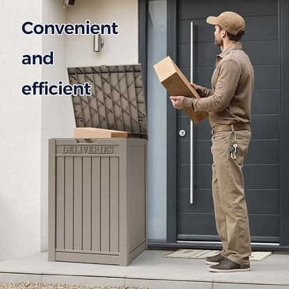 50-Gallon Package Delivery Box for Outside - Resin Storage with Sign & Lockable Secure, Waterproof Package Drop Box with Pre-Installation Hole for Curbside, Porch, Khaki