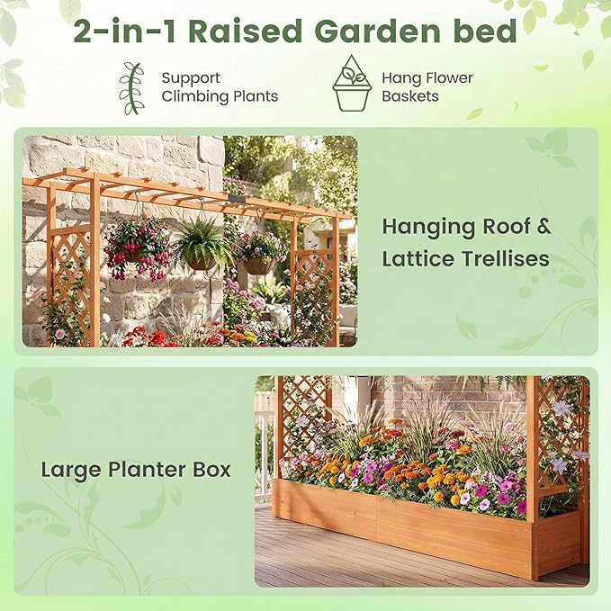 Giantex Wooden Raised Garden Bed with Trellis & Hanging Roof, Fir Wood Planter Box, 45” Freestanding Elevated Garden Bed for Outdoor Climbing Plants Vegetables Flowers, Patio & Balcony, Orange