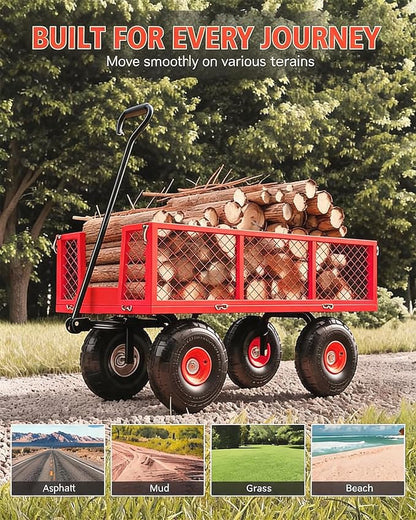 Garvee Steel Garden Cart, 500 LBS Capacity Utility Outdoor Wagon, Heavy Duty Mesh Garden Metal Wagon with Removable Sides, Flexible Handle for Yard, Lawn, Garden