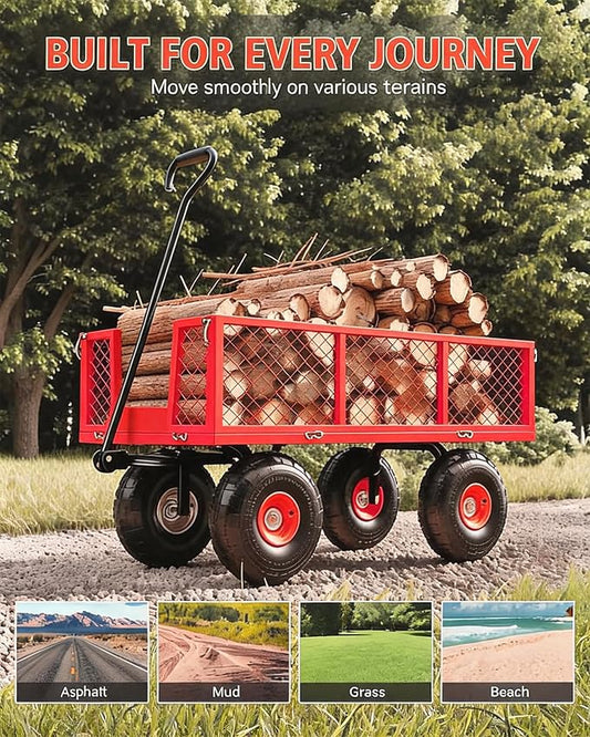 Garvee Steel Garden Cart, 500 LBS Capacity Utility Outdoor Wagon, Heavy Duty Mesh Garden Metal Wagon with Removable Sides, Flexible Handle for Yard, Lawn, Garden