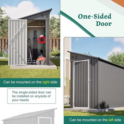 YOPTO 4×8 FT Lean to Metal Shed,Outdoor Heavy-Duty Storage Shed with Floor Base,All Weather Waterproof Garden Tool House W/Lockable Door&2 Air Vents,Reversible Door Design,for Backyard,Patio,Lawn,Gray